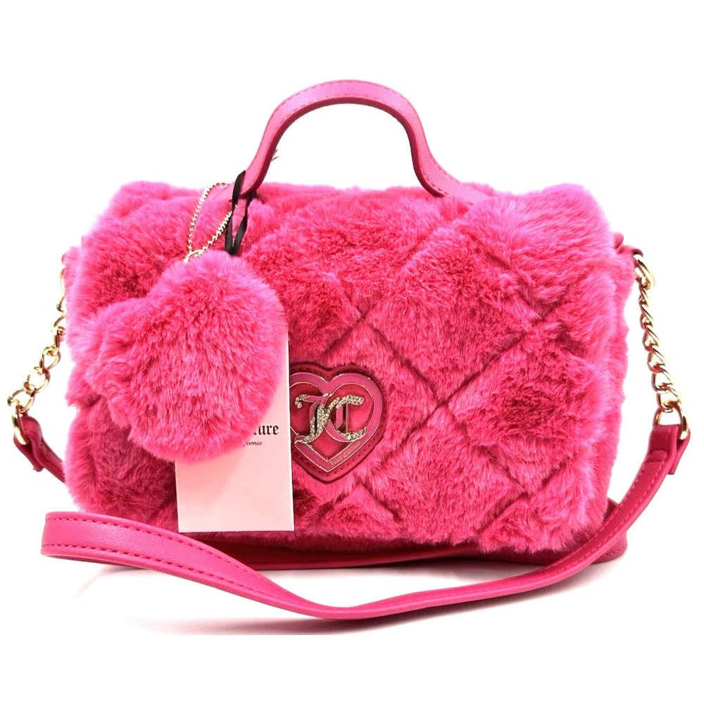 Juicy Couture Pink Faux Fur Crossbody Bag Let's Get Cozy Heart Logo Purse NWT